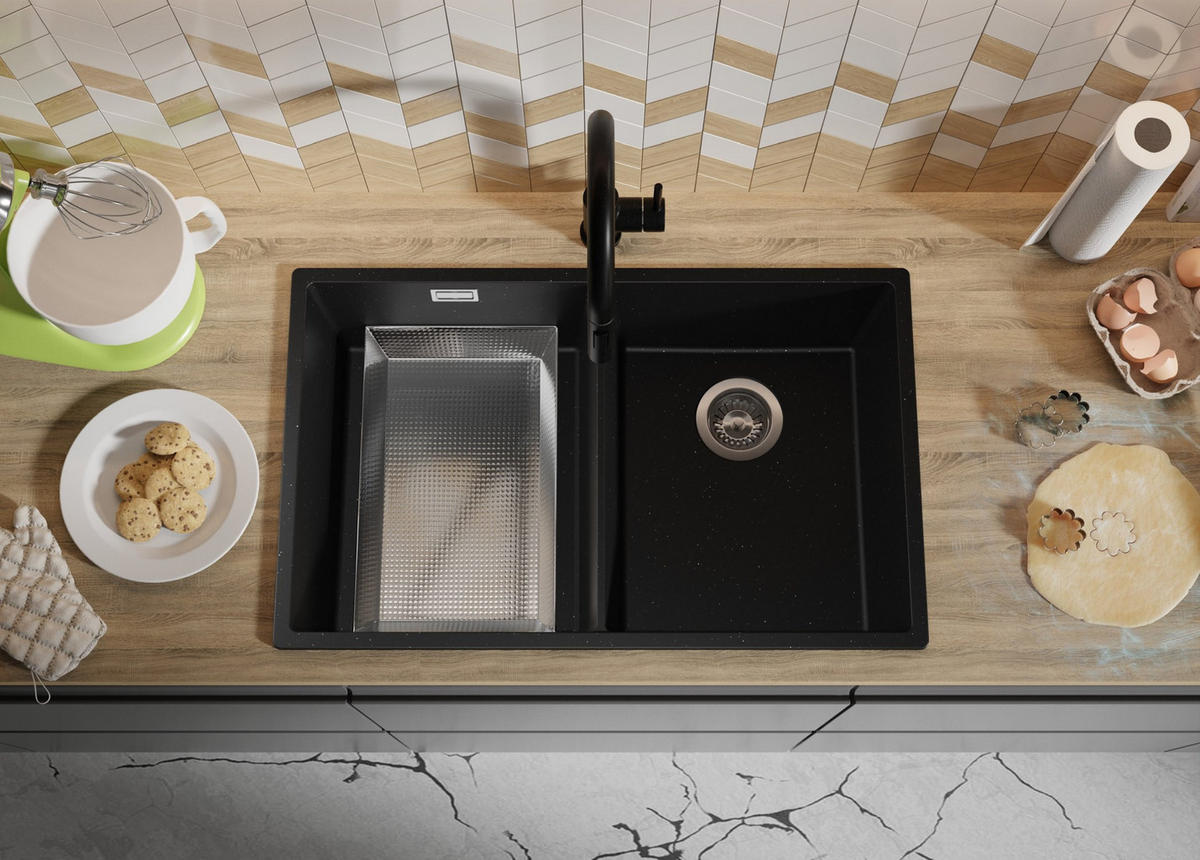 SPÜLBECKEN London Slim Twin, 2-er set Schwarz Metallic 76/47 cm 2 Becken + Ablauf-Set ab 80er Unterschrank - Chromfarben/Schwarz Hochglanz, Kunststoff (76/20/47cm) - Primagran