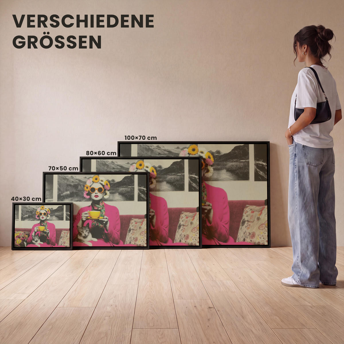 LEINWAND Bilder mit Rahmen - Frau - Katze - Blumen - Tasse - Retro - 70x50 - Magenta, Textil (70/50cm) - MuchoWow