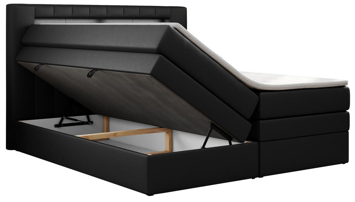 BOXSPRINGBETT GOLD-5 KING LED 160/200 Schwarz Kunstleder - H3 - Schwarz, Holz/Textil (160/200cm) - MKS