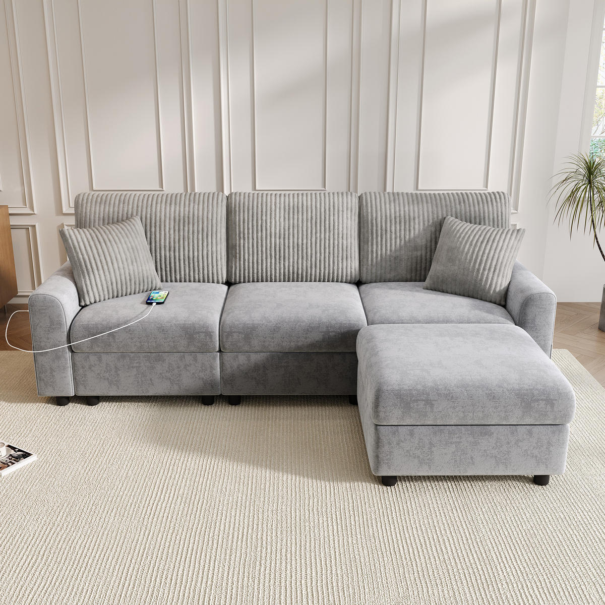 ECKSOFA 223/146/84 cm Grau mit 1 Fußhocker, 2 quadratischen Kissen, 1 USB-Anschluss und 1 Type-C-Anschluss - Grau, Textil (146/84/223cm) - Oxeza