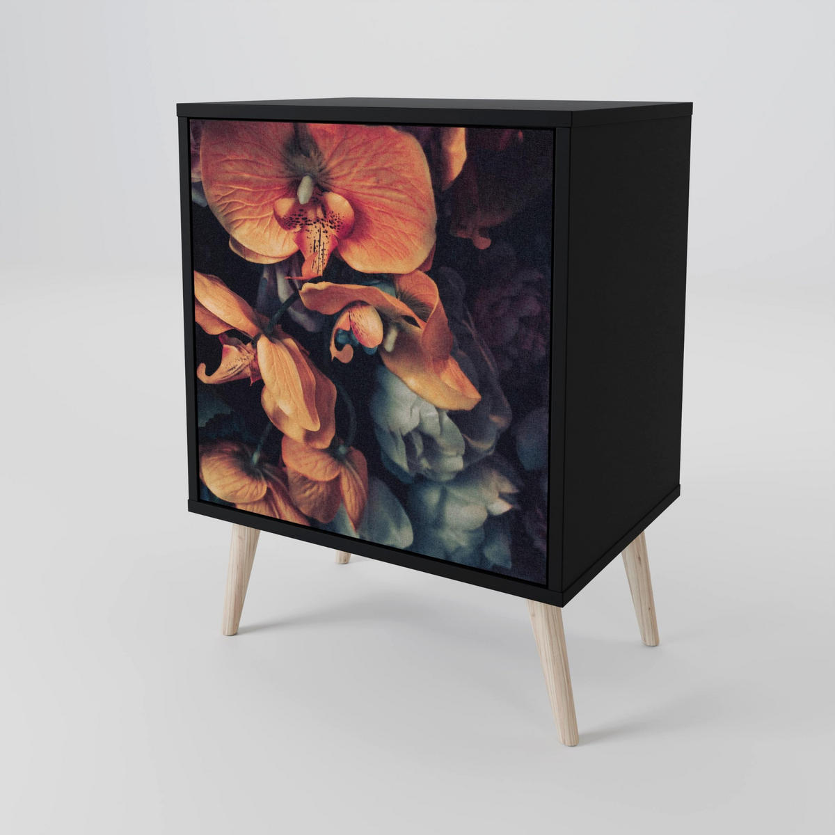 SIDEBOARD NEVERENDING BLOOM, Schwarz, 57,5x42x72,5 cm, Schwarze Metallfüße - Multicolor/Schwarz, Holzwerkstoff/Metall (57.5/72.5/42cm) - SpaceRebels