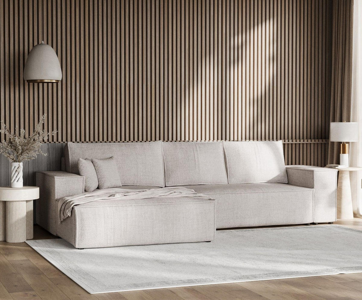 ECKSOFA TAURI mit Schlaffunktion Hellbeige im Neve Stoff - Sandfarben/Schwarz, Holz/Holzwerkstoff (294/185cm) - AltaBeds