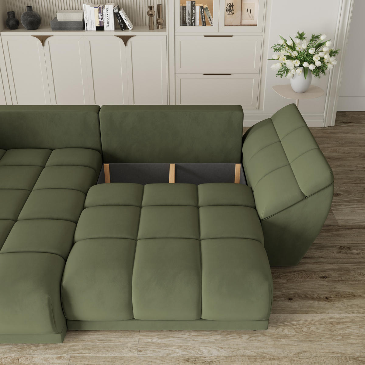 ECKSOFA ORENTI L-S Grün Velours-Stoff mit Schlaffunktion - Grün, Holz (287/182cm) - MASSENO