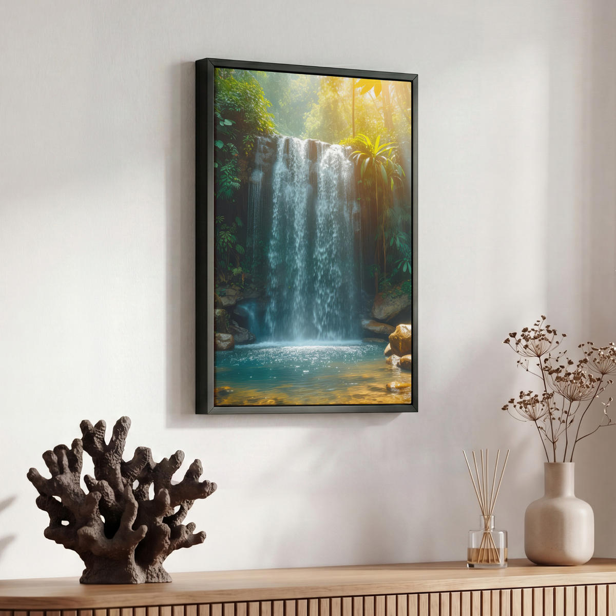 LEINWAND Bilder mit Rahmen - Wasserfall - Dschungel - Sonne - Grün - Natur - 30x40 - Grün, Textil (30/40cm) - MuchoWow