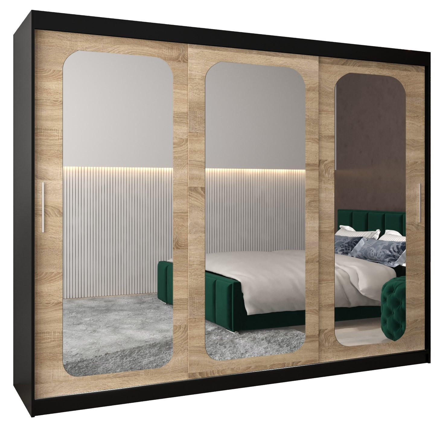 Abiks Möbel Schwebetürenschrank Schwarz, Sonoma Eiche 250x200x62 cm