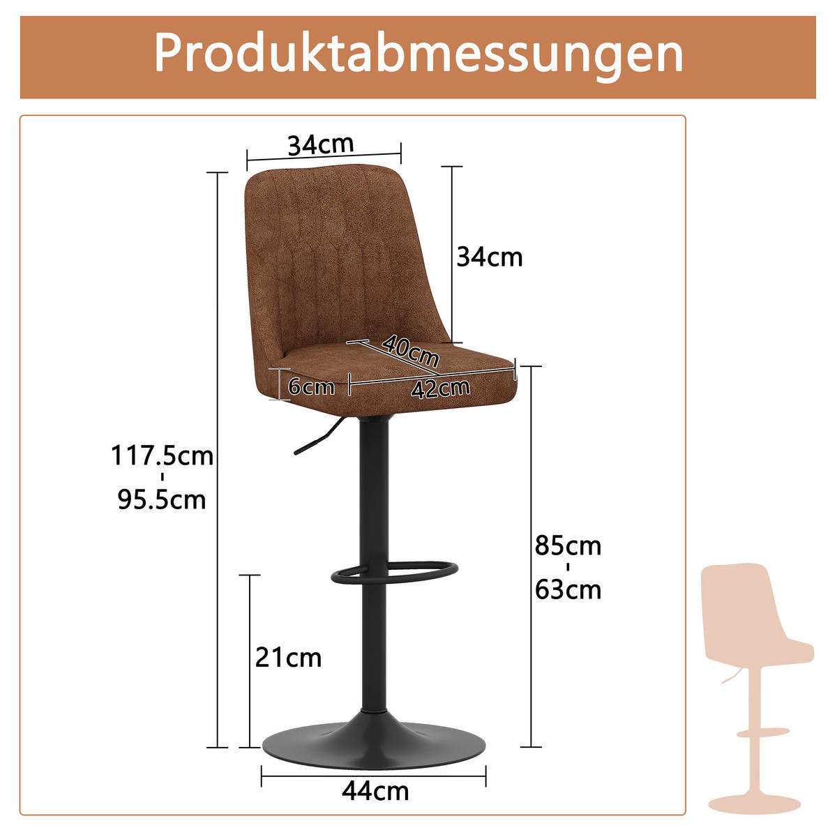 BARHOCKER 2er-Set Braun höhenverstellbar & 360° drehbar - Braun, Metall (44/95.5/44cm) - PANGIVO