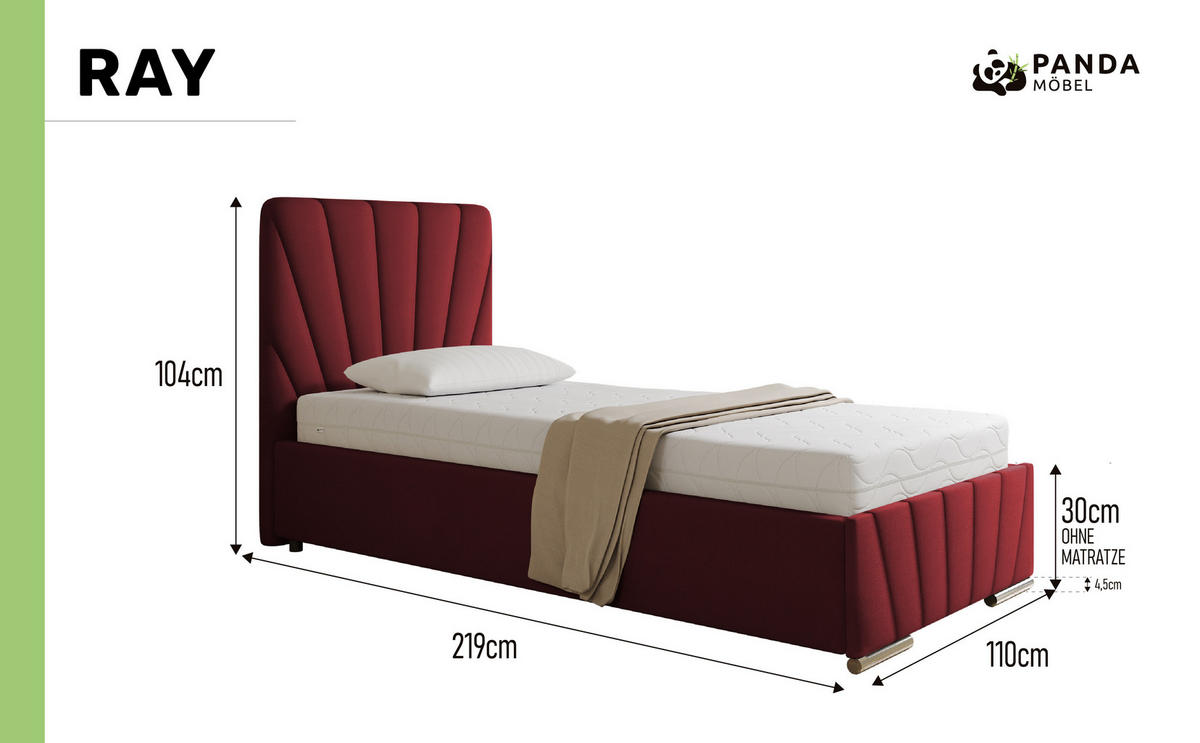 POLSTERBETT Ray 90 x 200 cm mit Bettkasten und Lattenrost federkernmatratze- rot - Rot, Holz (90/200cm) - Panda Möbel
