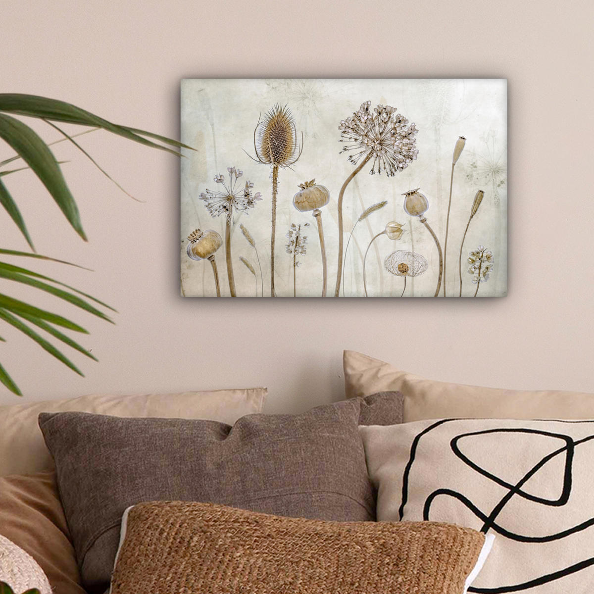 LEINWANDBILD Blumen - Aquarell - Stilleben - Braun - Vintage Deko Schlafzimmer 30x20 cm - Beige, Textil (30/20cm) - MuchoWow