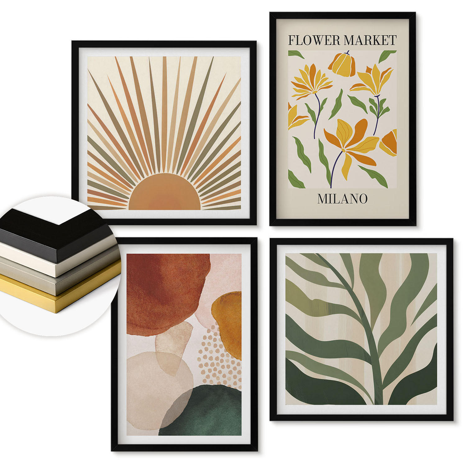 WANDBILDER 4er-Set - 50x50 cm & 40x60 cm Schwarzer Rahmen - Abstrakte Blumenmotive - Schwarz, Kunststoff (50/50cm) - ArtPrintCave