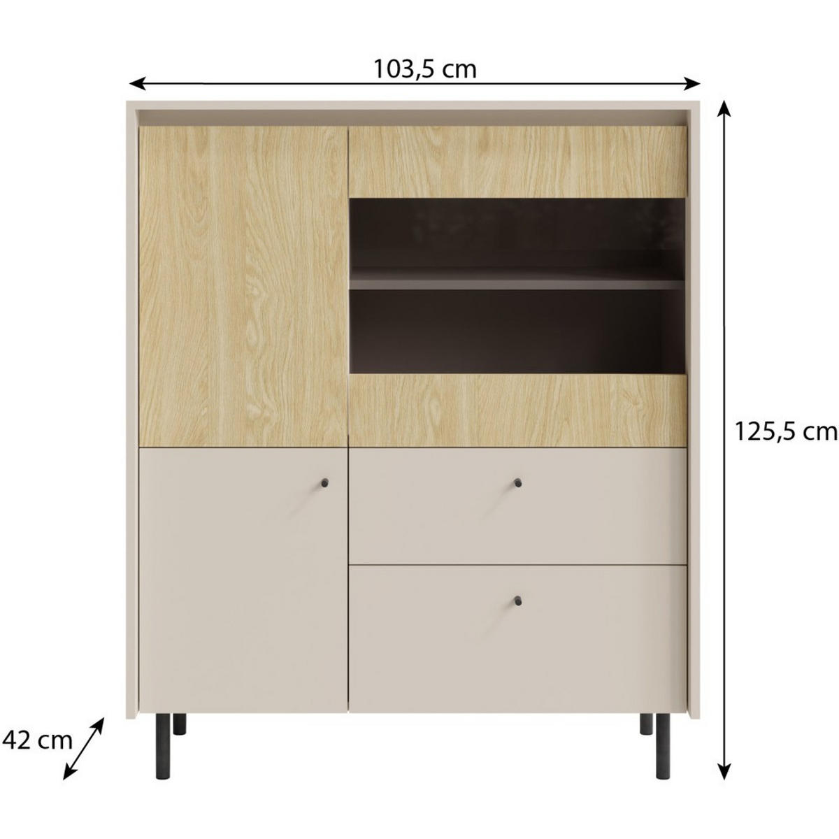 VITRINE Monako mit 2 Schubalden und 3 Türen, Beige Sand - Eichefarben/Beige, Holzwerkstoff/Metall (103/125/42cm) - Beautysofa
