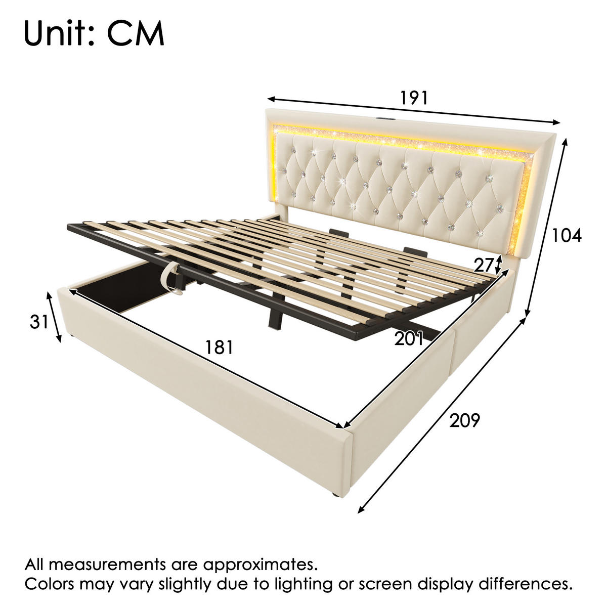 POLSTERBETT 180/200 cm Beige aus Samt mit LED-Beleuchtung und Stauraum - Beige, Textil (180/200cm) - OKWISH