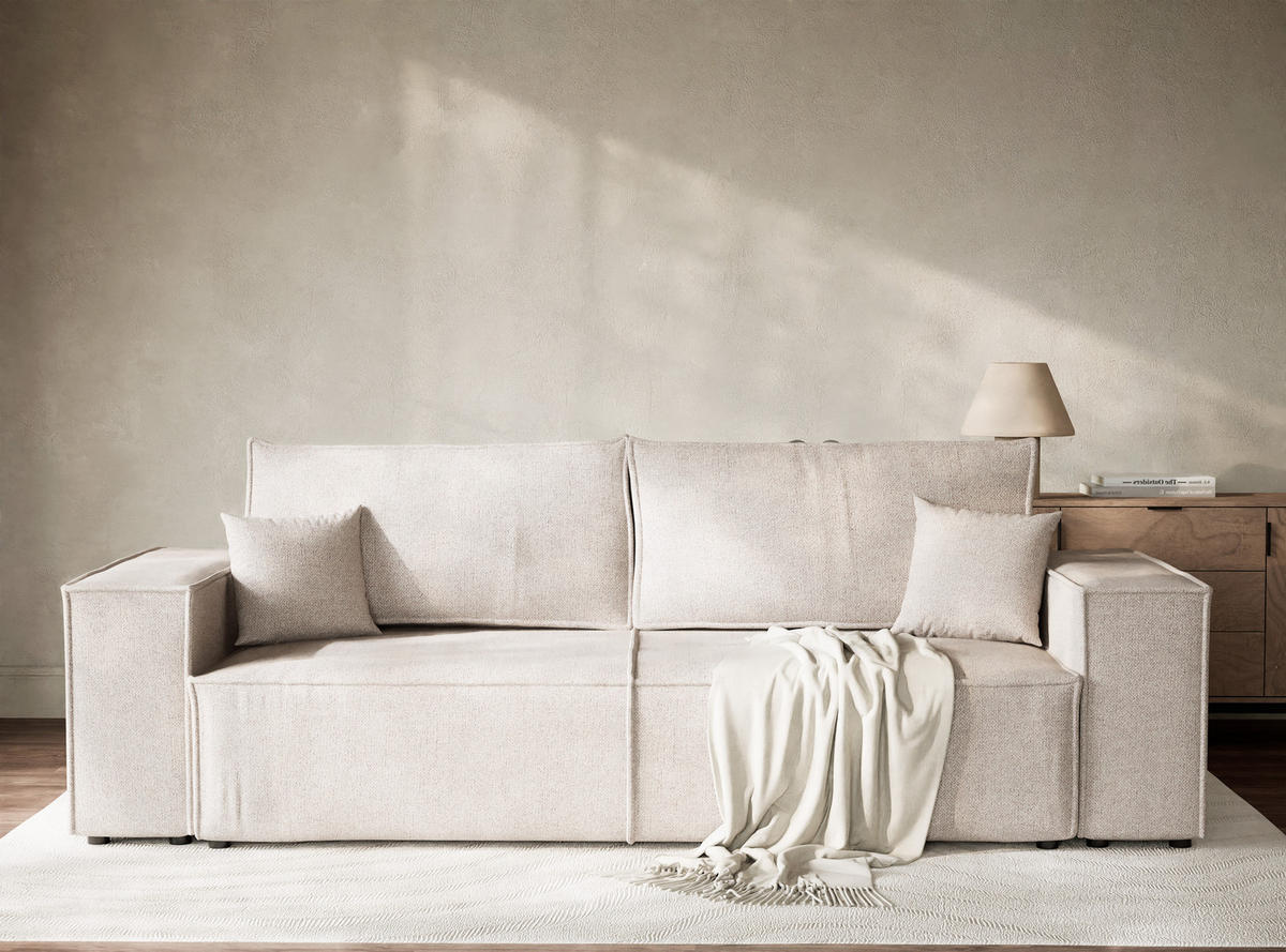 SOFA MIT SCHLAFFUNKTION Milos Hellbeige Webstoff - Beige/Schwarz, Holz/Holzwerkstoff (255/70/105cm) - Maison de Reve