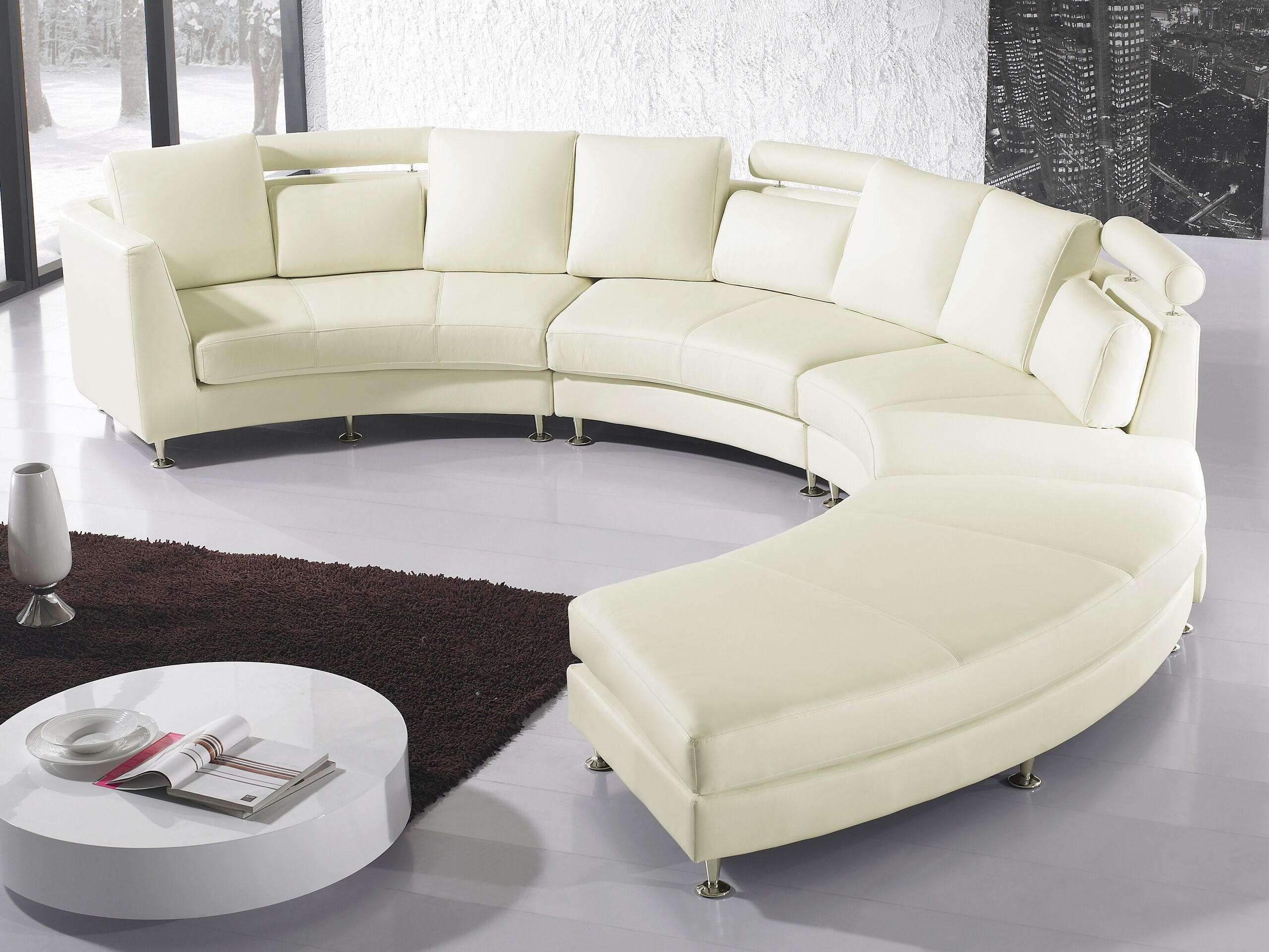7-SITZER-SOFA mit Ottomane Echtleder, Kunstleder Beige Rotunde - Beige, Leder/Textil (448/76/236cm) - Beliani