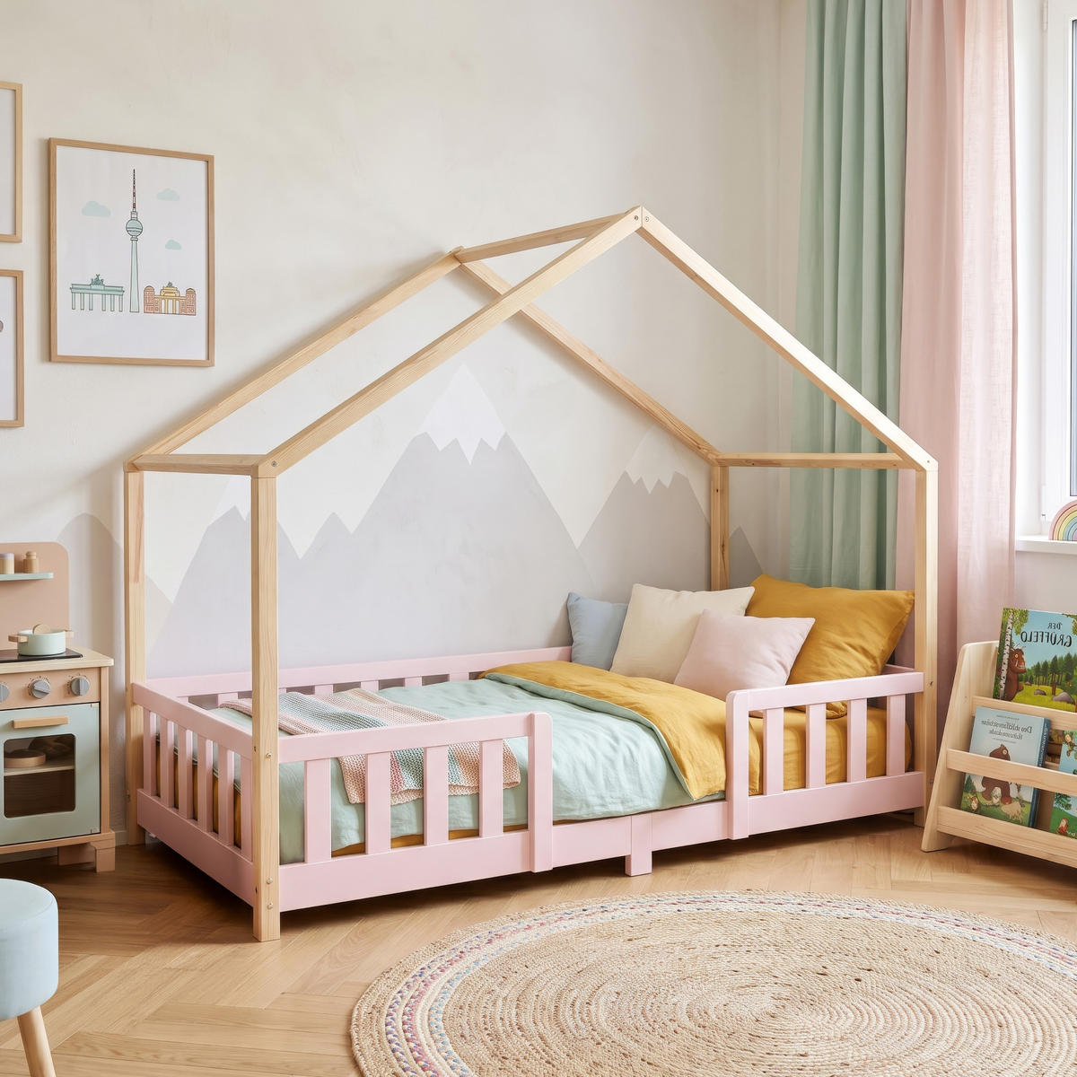 HAUSBETT Treviolo - Pink/Naturfarben, Holz (90/200cm) - [en.casa]