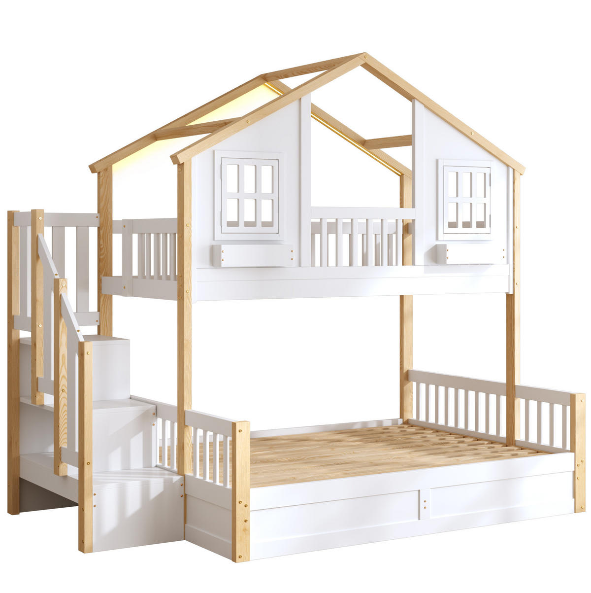 ETAGENBETT 140/200 cm weiß aus Kiefer mit LED und Stauraumtreppe - Weiß, Holzwerkstoff (90/200cm) - OKWISH