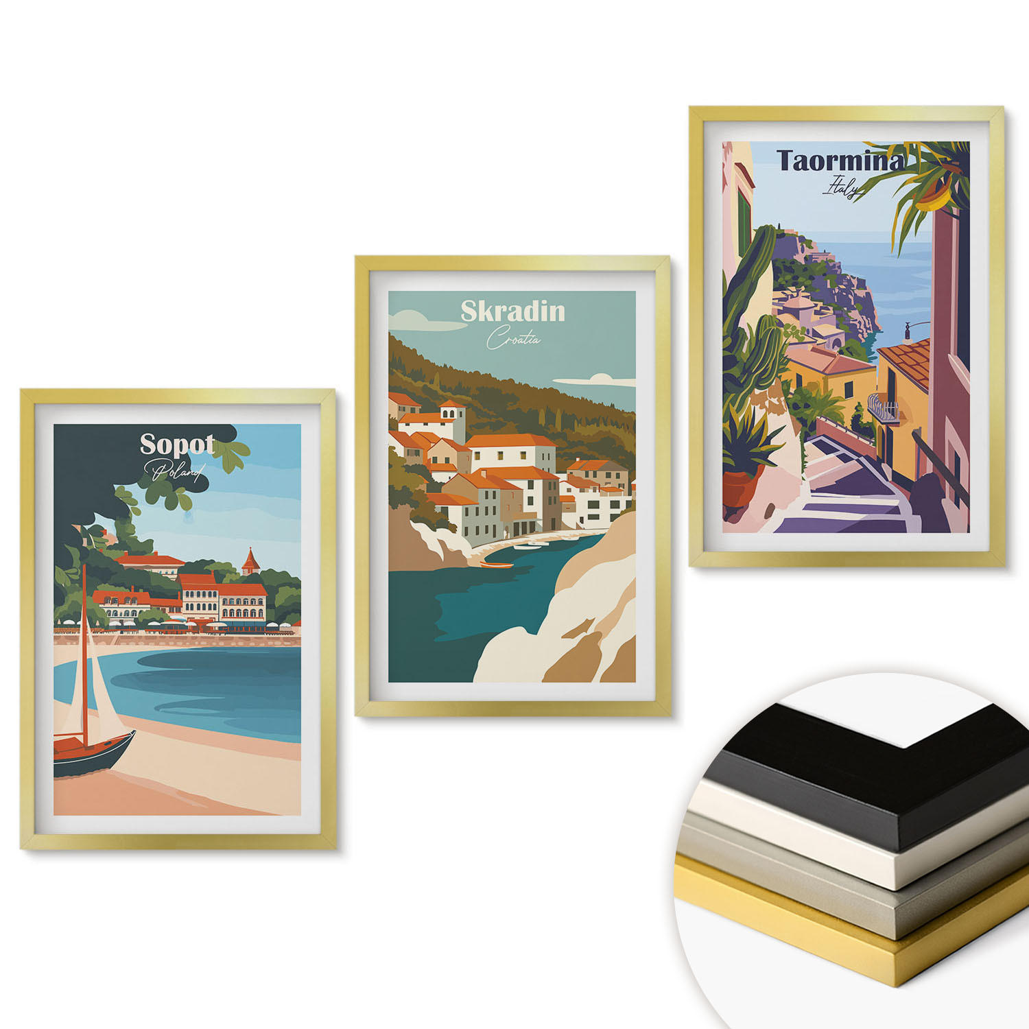 WANDBILDER 3er Set - 40x60 cm Goldrahmen - Illustrationen von Küstenstädten - Goldfarben, Kunststoff (40/60cm) - ArtPrintCave