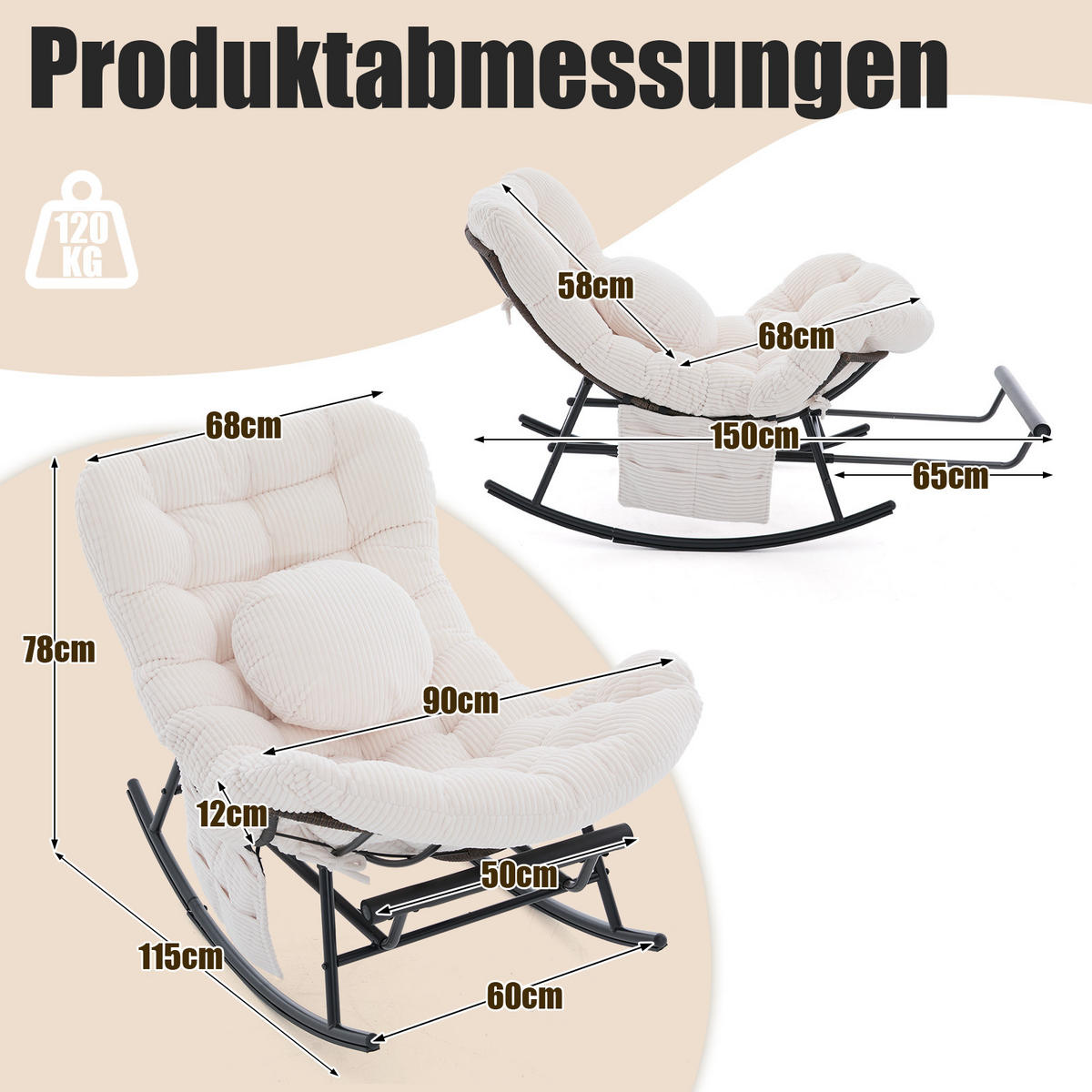 SCHAUKELSTUHL mit Fußstütze,Schaukelsessel XXL Rattanstuhl mit Kissen, Cord, Beige - Beige, Textil (90/78/150cm) - LVHOM