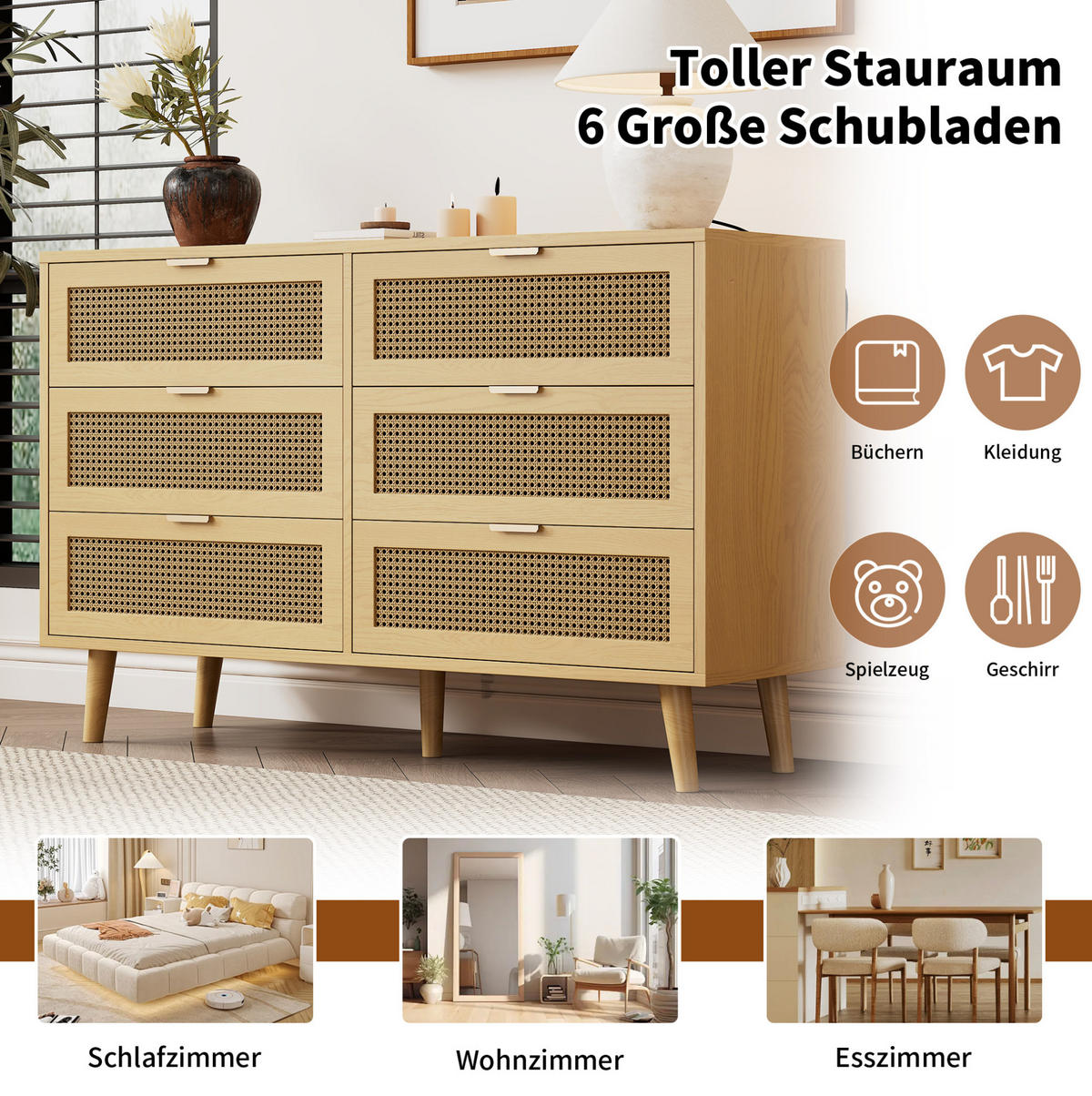 SIDEBOARD 120/76,5/40 cm Walnuss aus Spanplatte und Massivholz mit 6 Schubladen - Eichefarben, Holzwerkstoff (40/76.5/120cm) - OKMYHOME
