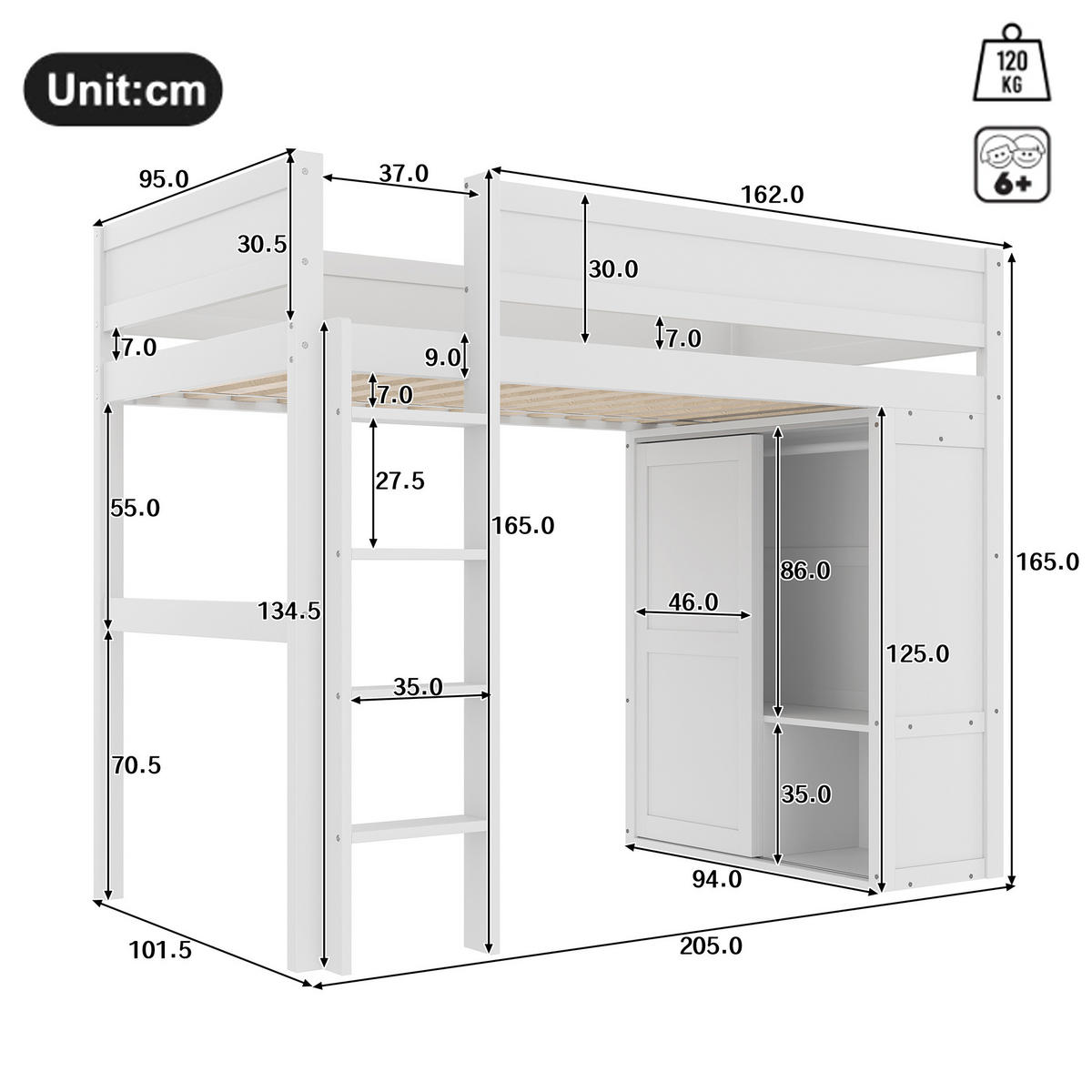 HOCHBETT 90/200 cm mit Kleiderschrank, Staufach und offenem Unterbettraum aus Kiefernholz und MDF, Weiß - Weiß, Holz (90/200cm) - Redom