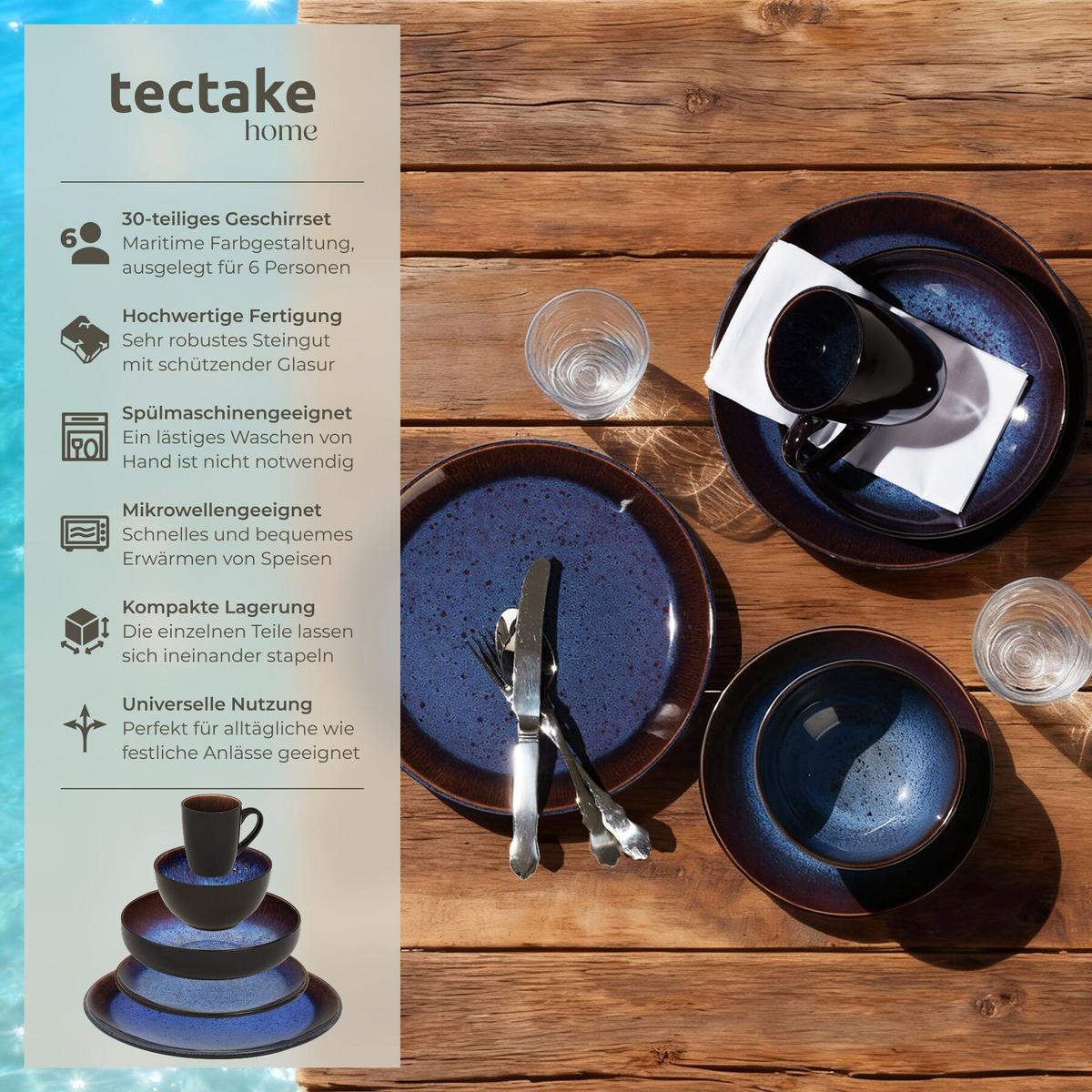 KOMBISERVICE Mare, ineinander stapelbar, blau/braun - Blau, Keramik (26.5/2.5/26.5cm) - tectake