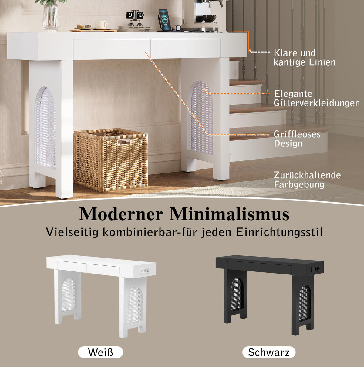 KONZOLOVÝ stolek z MDF 120x35,5x76,5 cm bílý se 2 zásuvkami, USB, Type-C a nastavitelnými nožkami - bílá, kompozitní dřevo (35.5/120/76.5cm) - Modfu