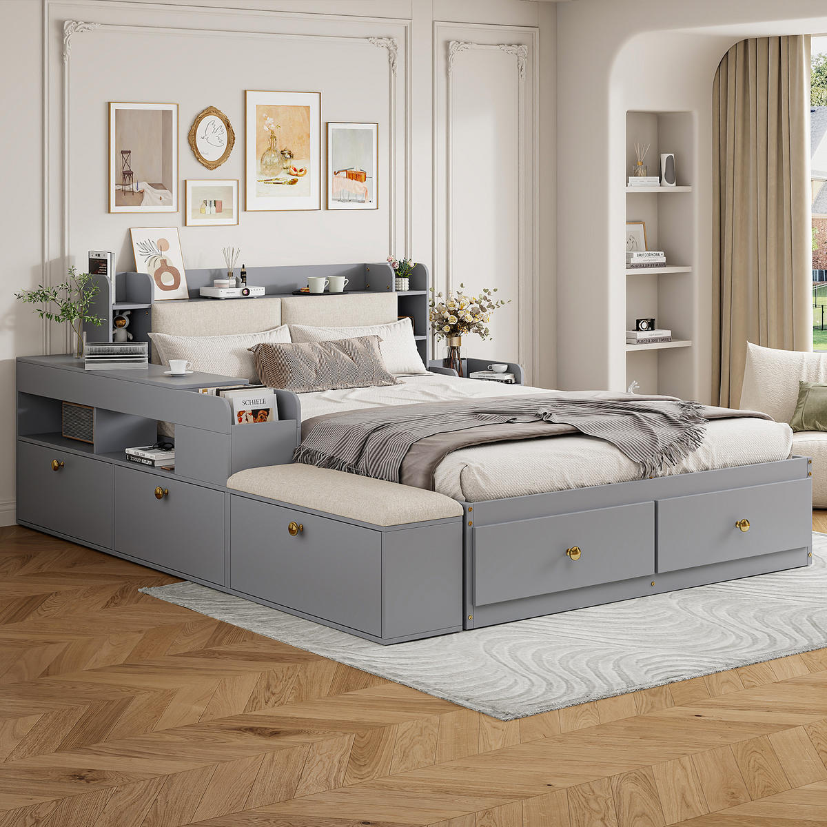 HOLZBETT 140x200 Stauraum Schubladen Nachttisch Grau - Grau, Holzwerkstoff - FLIEKS