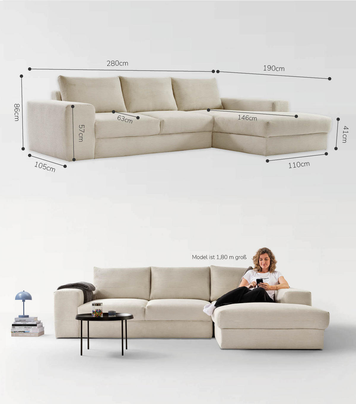 ECKSOFA Der Klassiker Recamiere rechts - Beige, Textil (280/190cm) - Mokebo
