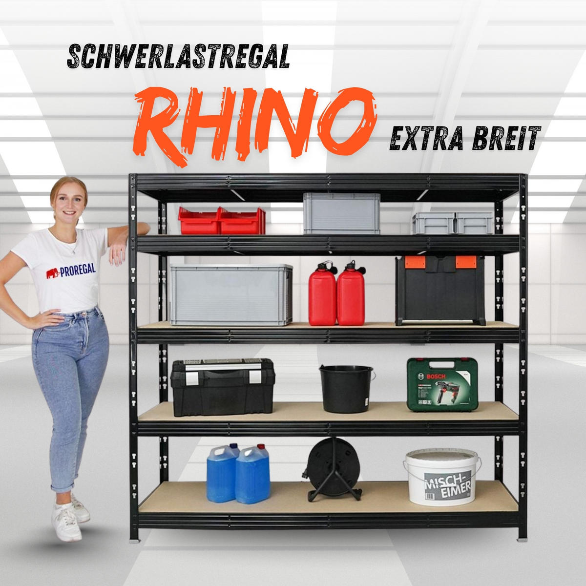 SCHWERLASTREGAL Rhino 180x200x60 cm 5 Spanplatten-Ebenen 8mm Fachlast 500 kg Schwarz - Schwarz, Metall (200/180/60cm) - PROREGAL