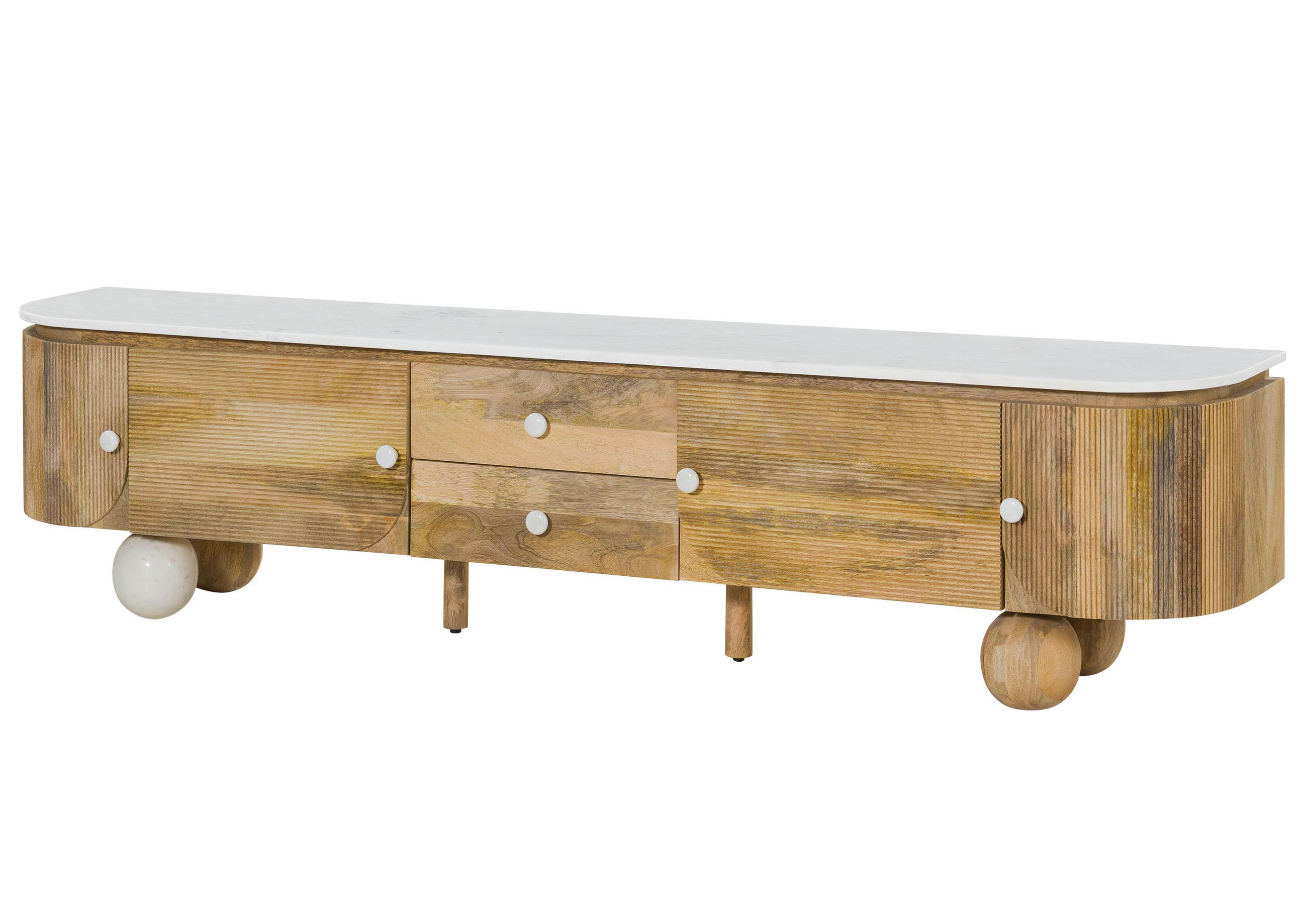 TV-BOARD Mango 220x40x50 natur lackiert / Marmor weiß FLORENZ #102 - Naturfarben, Holz (220/50/40cm) - Massivmoebel24