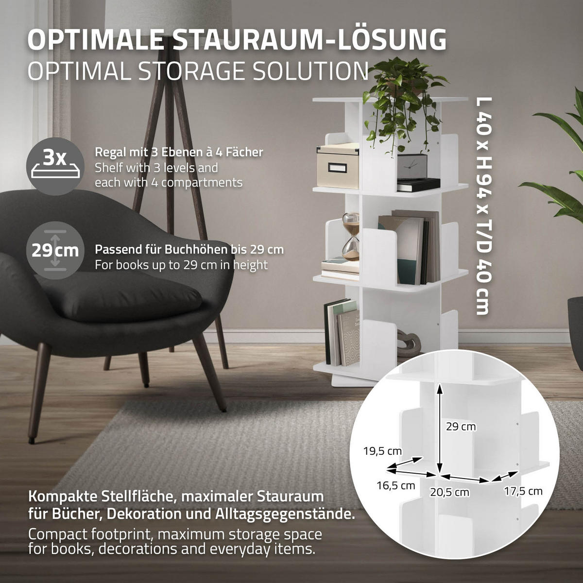 BÜCHERREGAL Kinder mit 3 Ebenen Weiß 40x94x40 cm Drehbar 360 Grad - Weiß, Holzwerkstoff (40/94/40cm) - ML-DESIGN