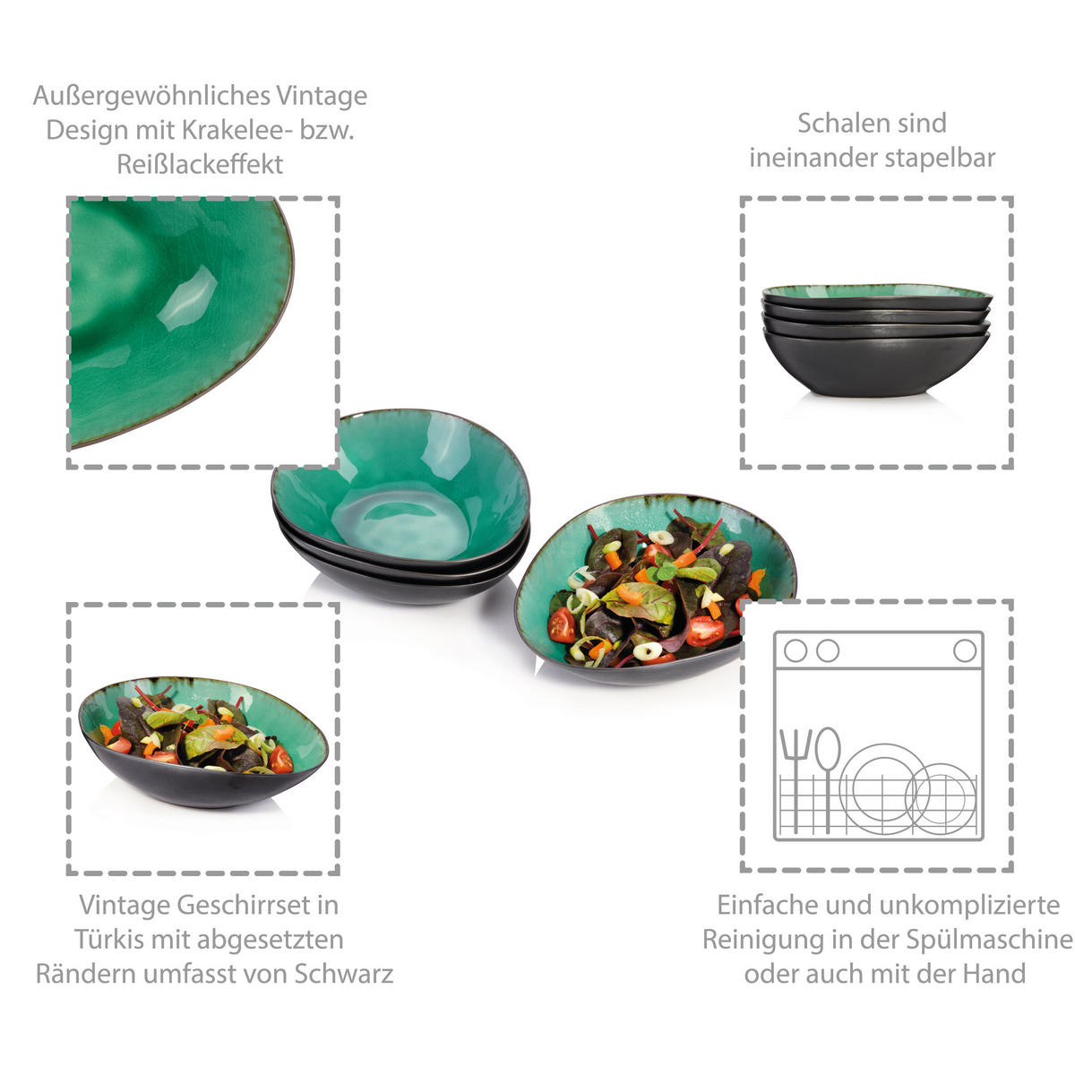SALATSCHALEN SET PALM BEACH - 4 teilig aus Steingut - Grün, Keramik (20cm) - Sänger