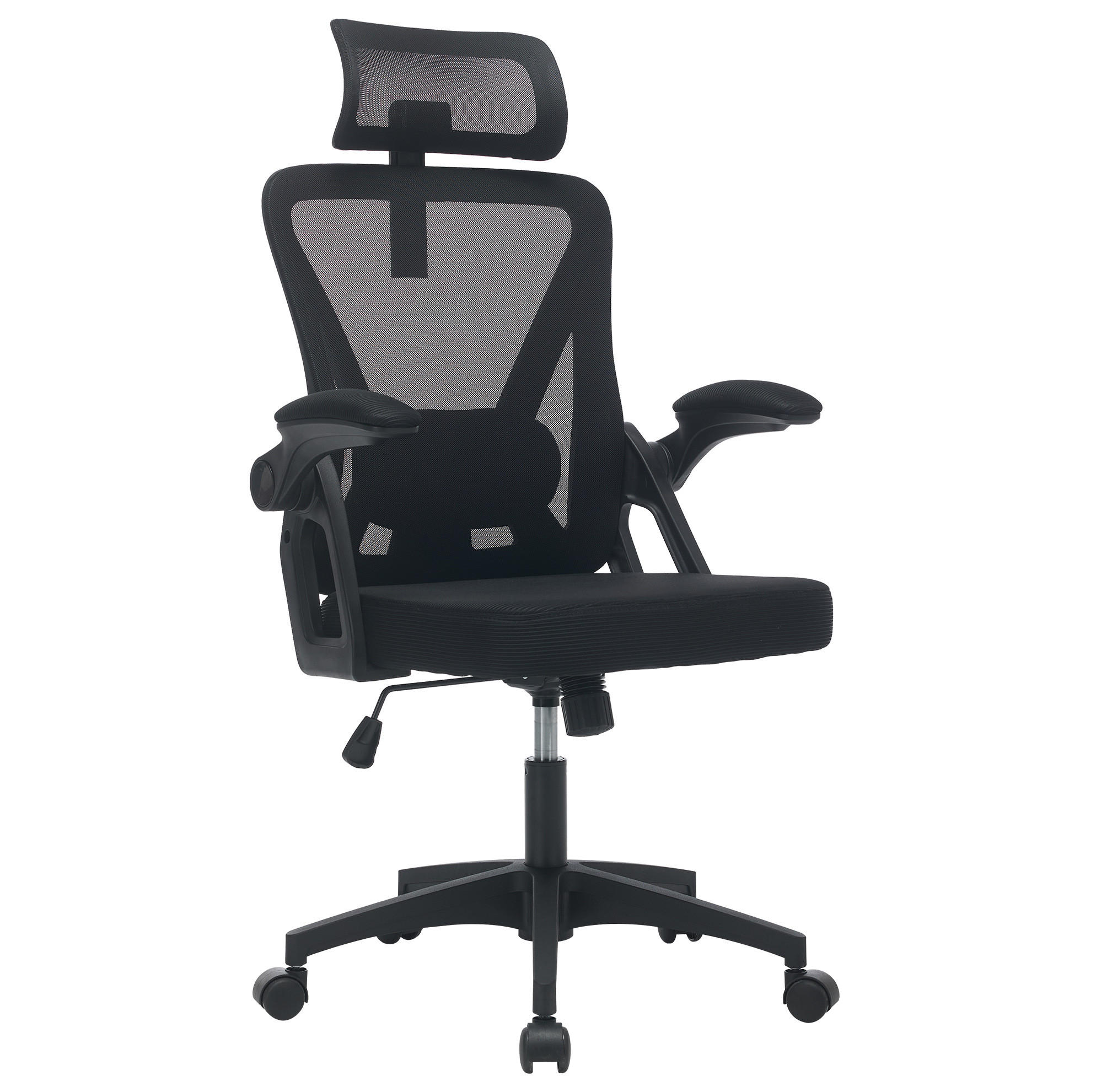 BÜROSTUHL ergonomisch mit Kopfstütze und Klapparmlehnen Schwarz - Schwarz, Kunststoff (65/108/58cm) - Meubliv