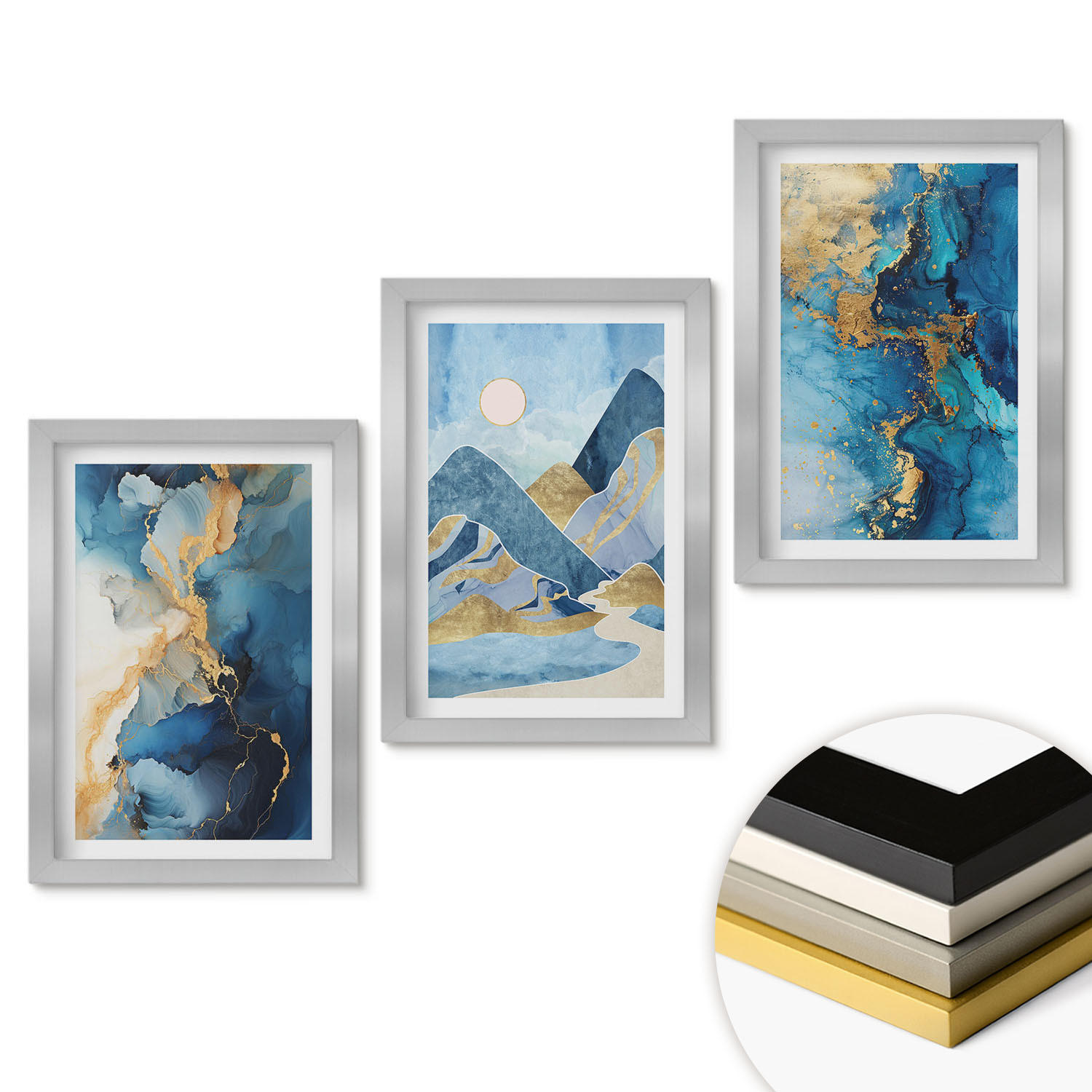 WANDBILDER 3er Set - 20x30 cm Silberner Rahmen - Abstrakte Muster der Blue Mountains - Silberfarben, Kunststoff (20/30cm) - ArtPrintCave