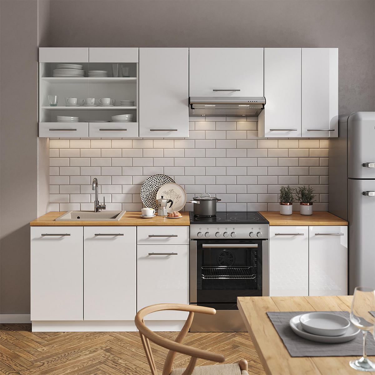 KÜCHENZEILE Fame-Line Weiß 240 cm ohne AP - Weiß Hochglanz/Weiß, Holzwerkstoff (240/81.6/46cm) - Vicco