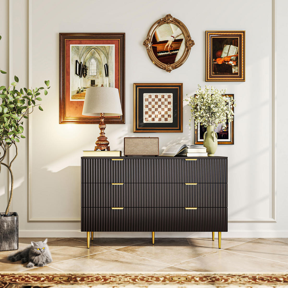 KOMOODE DE-12895 6 Schubladen, goldene Griffe und Füße Schwarz - Schwarz, Holzwerkstoff (120/76.5/40cm) - ComfortXL