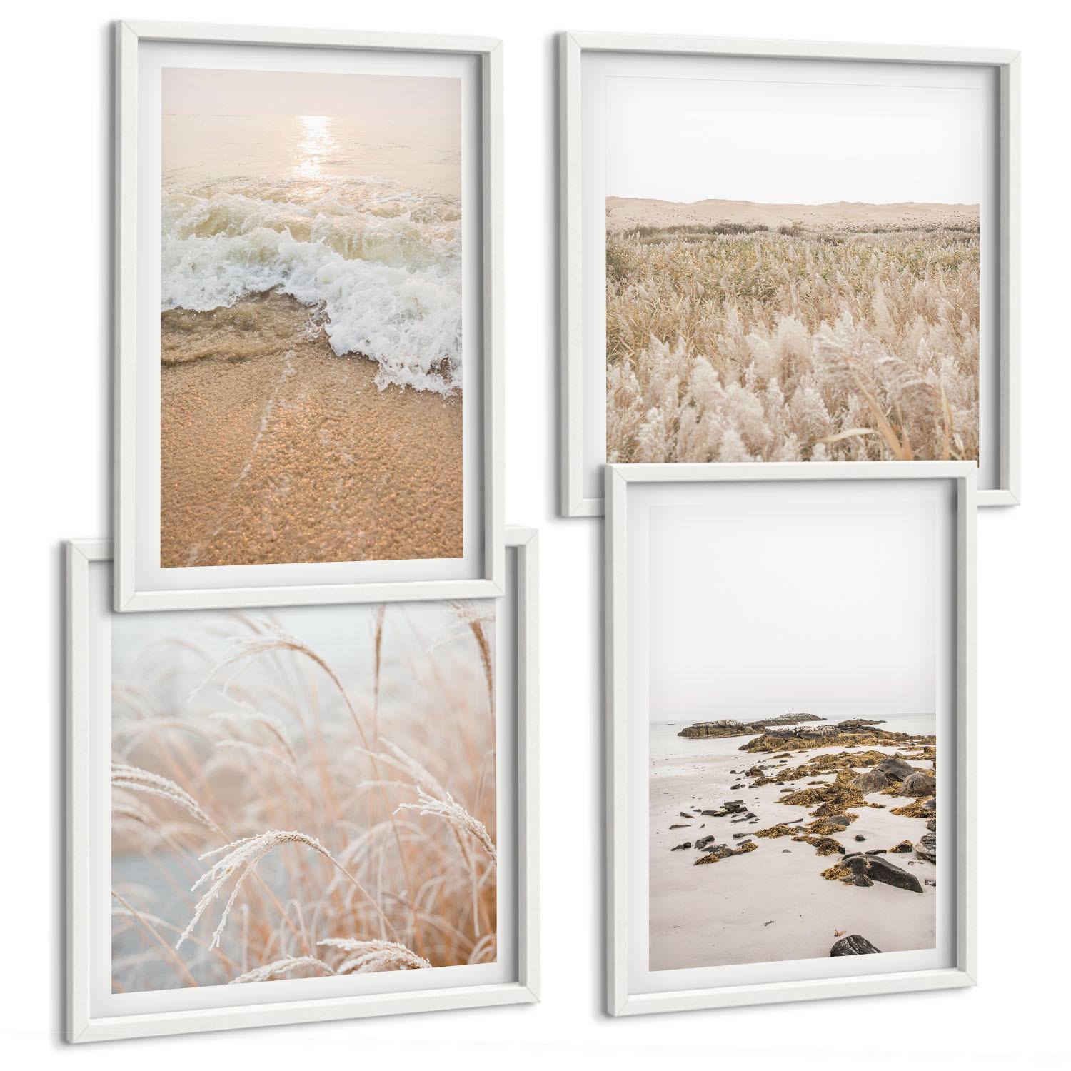 BILDER SET 4er Set - 50x50 cm & 40x60 cm Weißer Rahmen - Strandwellen, Steine, Sommer - Weiß, Kunststoff (50/50cm) - TULUP