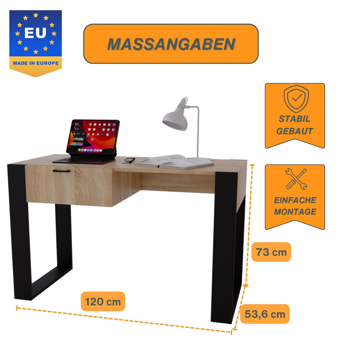 SCHREIBTISCH Sonoma Eiche 120/73/53,6 cm - Schwarz/Sonoma Eiche, Holzwerkstoff (53.6/120/73cm) - CraftPAK