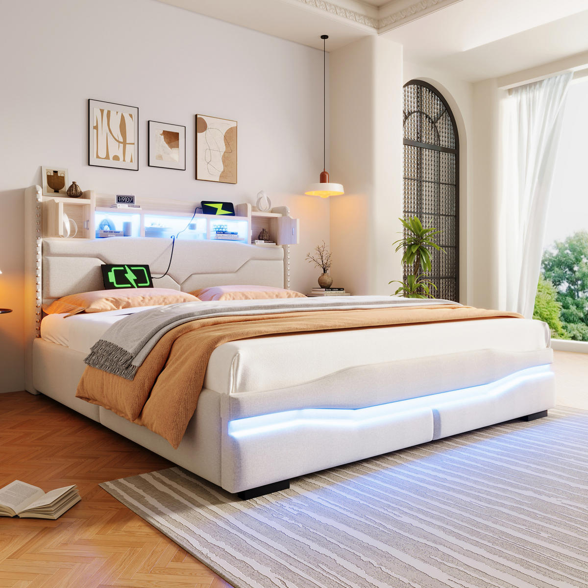 ČALOUNĚNÁ postel 160/200 cm s LED osvětlením, USB/USB-C a hydraulickým úložným prostorem, Béžová - béžová, textil (160/200cm) - Redom