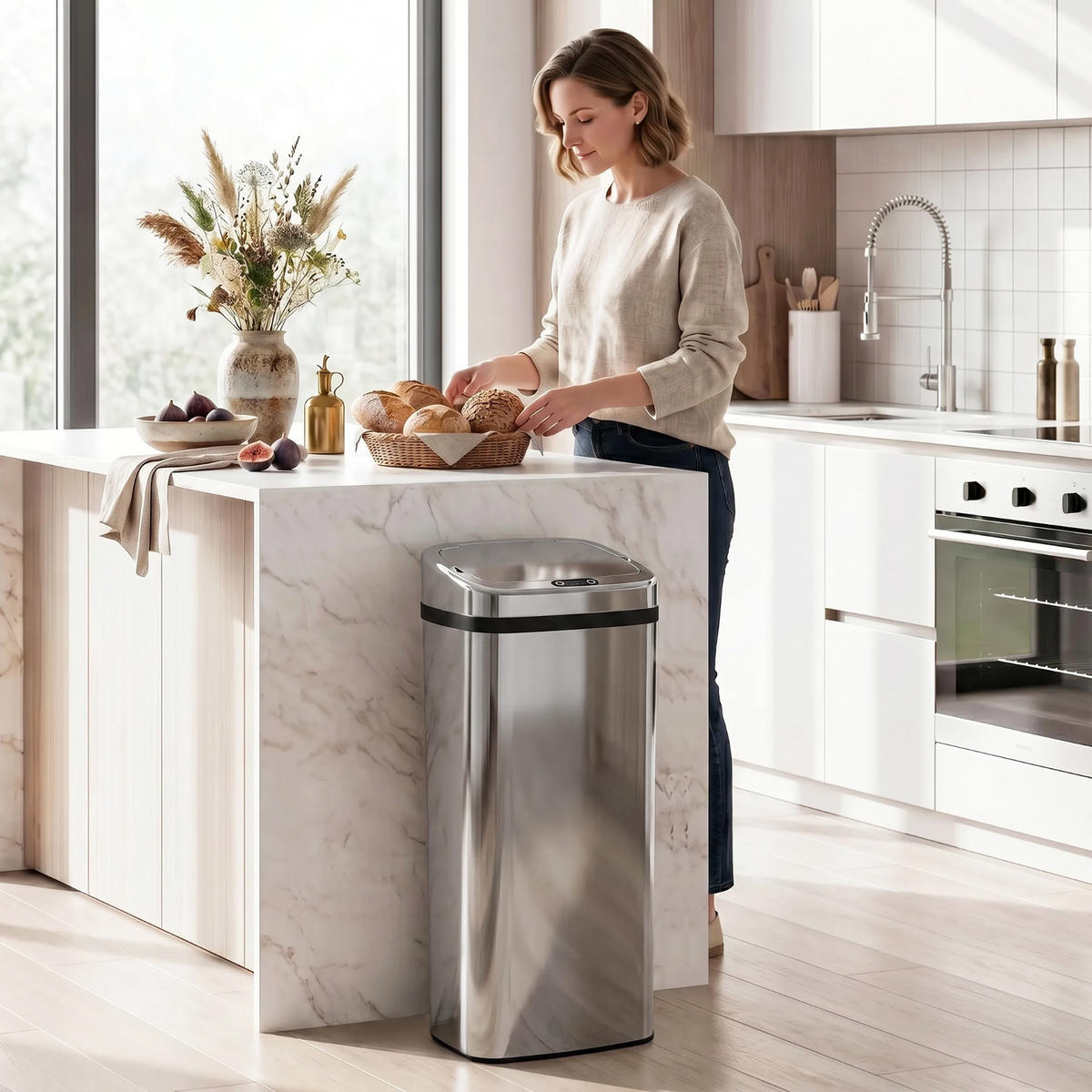 MÜLLEIMER 50L 33/25/84 cm Edelstahl Silber Automatik Küche - Silberfarben, Metall (25/84/33cm) - Rolipo