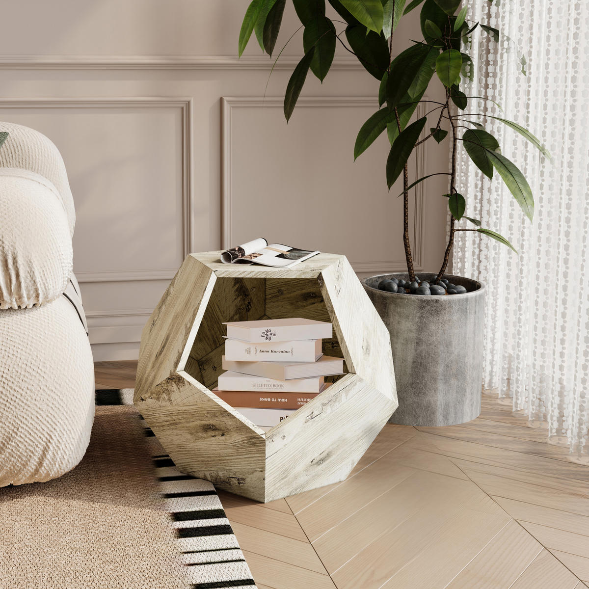 BEISTELLTISCH 66 cm weiß-eiche MDF mit Katzenhöhle multifunctional - Weiß, Holzwerkstoff (66/66/53cm) - OKWISH