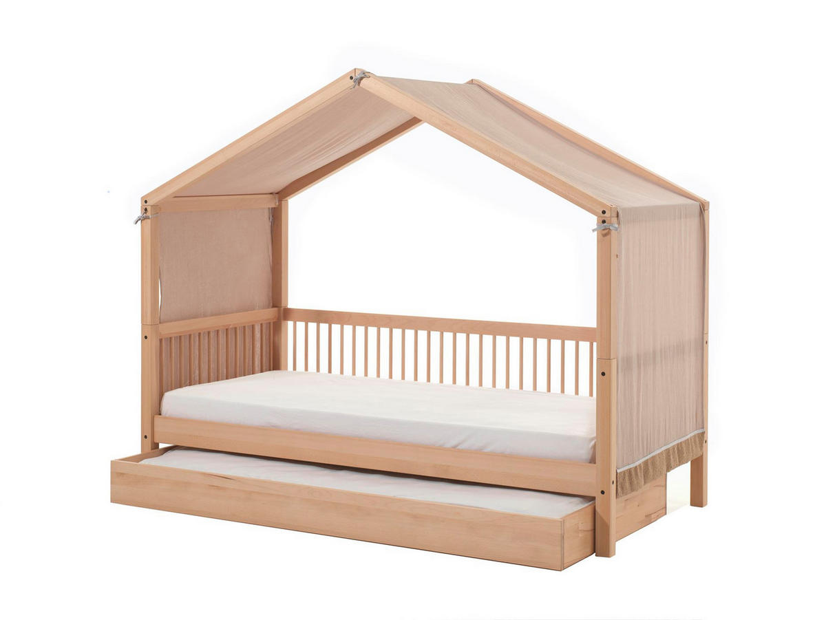 HAUSBETT Kelci 90x200 mit Dach und Textilhimmel Buche massiv natur - Buchefarben, Holz (90/200cm) - 58aufmkessel