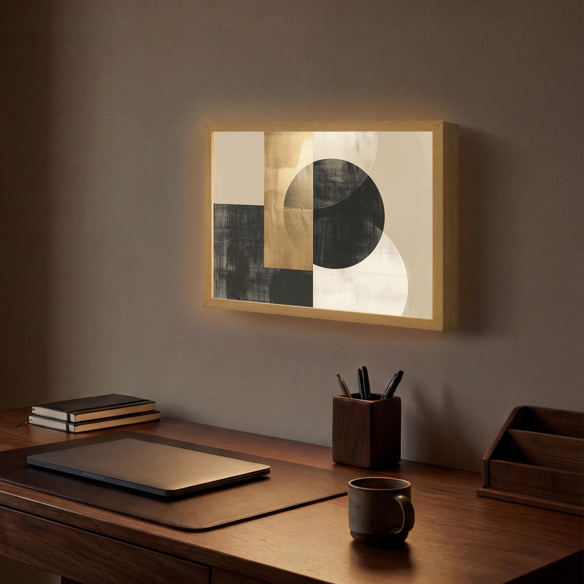WANDLEUCHTE MIT AKKU Abstrakt - Modern - Schwarz - Gold 40x30 cm - Sandfarben, Holzwerkstoff (40/30/8cm) - OnlyWow