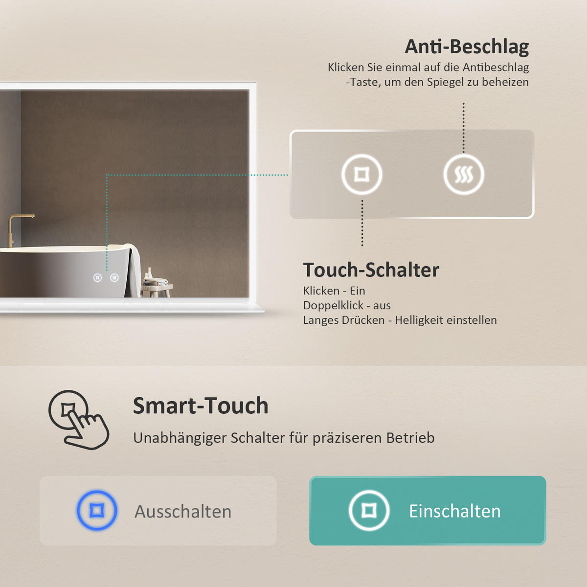 BADSPIEGEL mit Beleuchtung mit Ablage 80/60 cm - Weiß, Glas (60/3/80cm) - EMKE