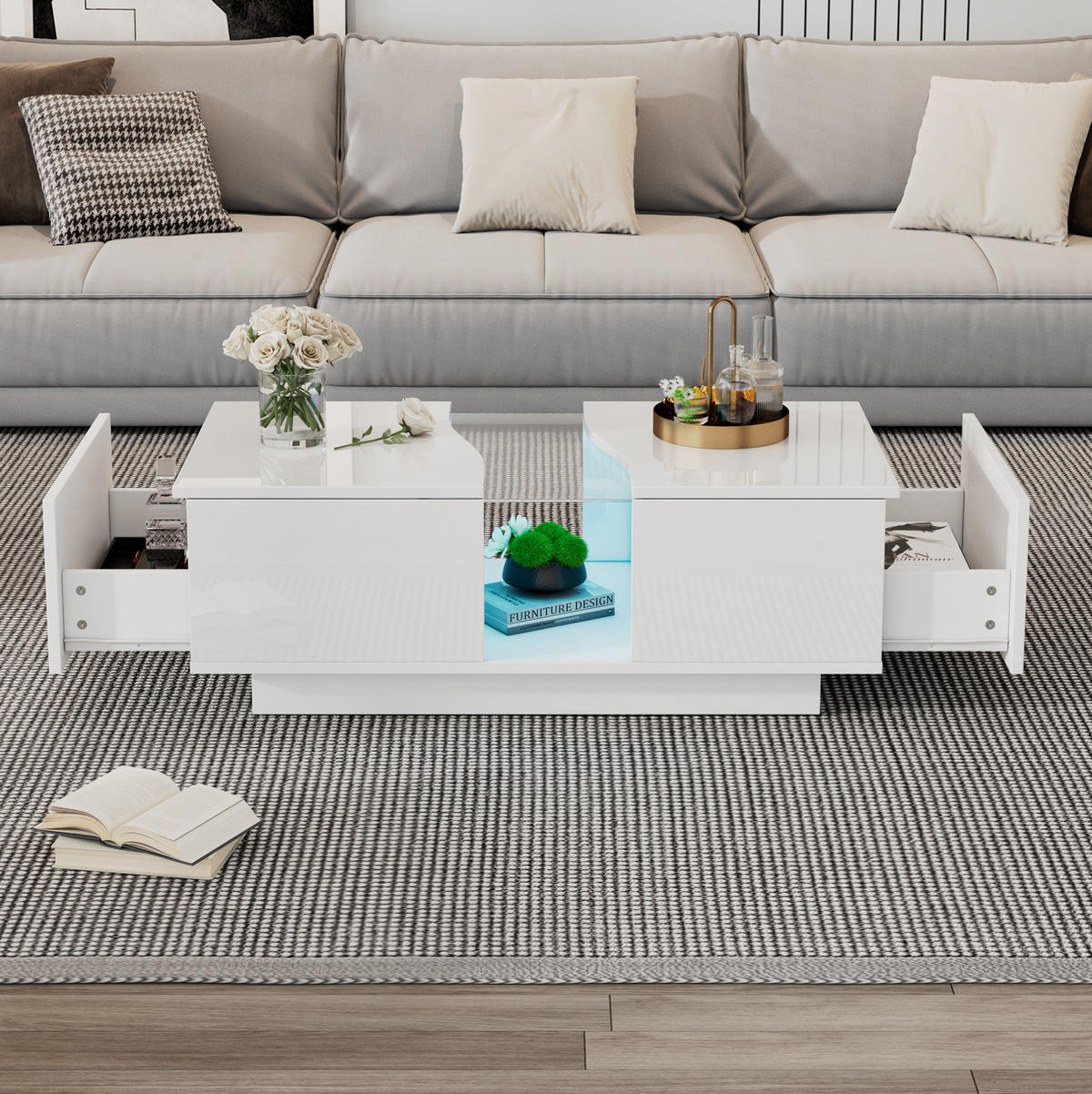 COUCHTISCH mit LED 100 x 50 x 35 cm MDF Weiß Hochglanz - Weiß, Wellpappe (100/50/35cm) - Meubliv