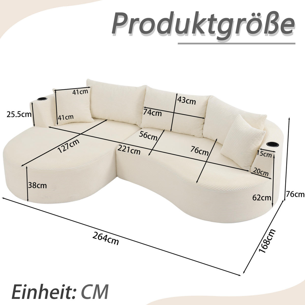 3-SITZER ECKSOFA Cord Beige mit Getränkehaltern und Kissen - Beige, Textil (264/168cm) - WISHDOR