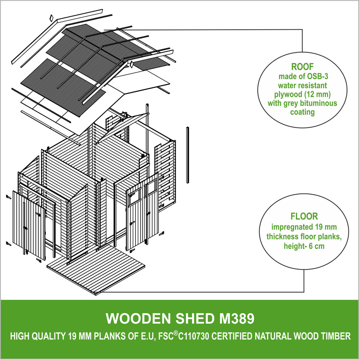 HOLZHAUS GARTENHAUS mit Brennholzschuppen M389+M389G - mit imprägniertem Boden - 3,53 + 0,97 + 0,97 m2 - Beige, Holz (328/218/206cm) - Timbela