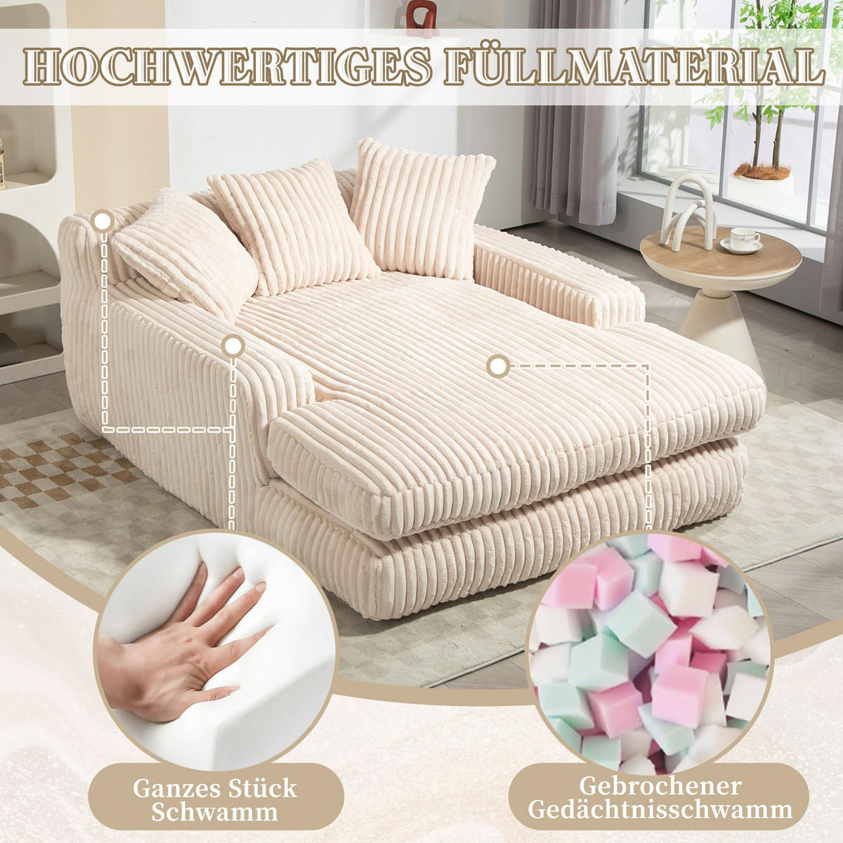 SCHLAFSOFA Relaxliege mit 3 Zierkissen,Lounge Sofa,Polstersofa,Cord,Beige - Beige, Textil (125/63/155cm) - LVHOM