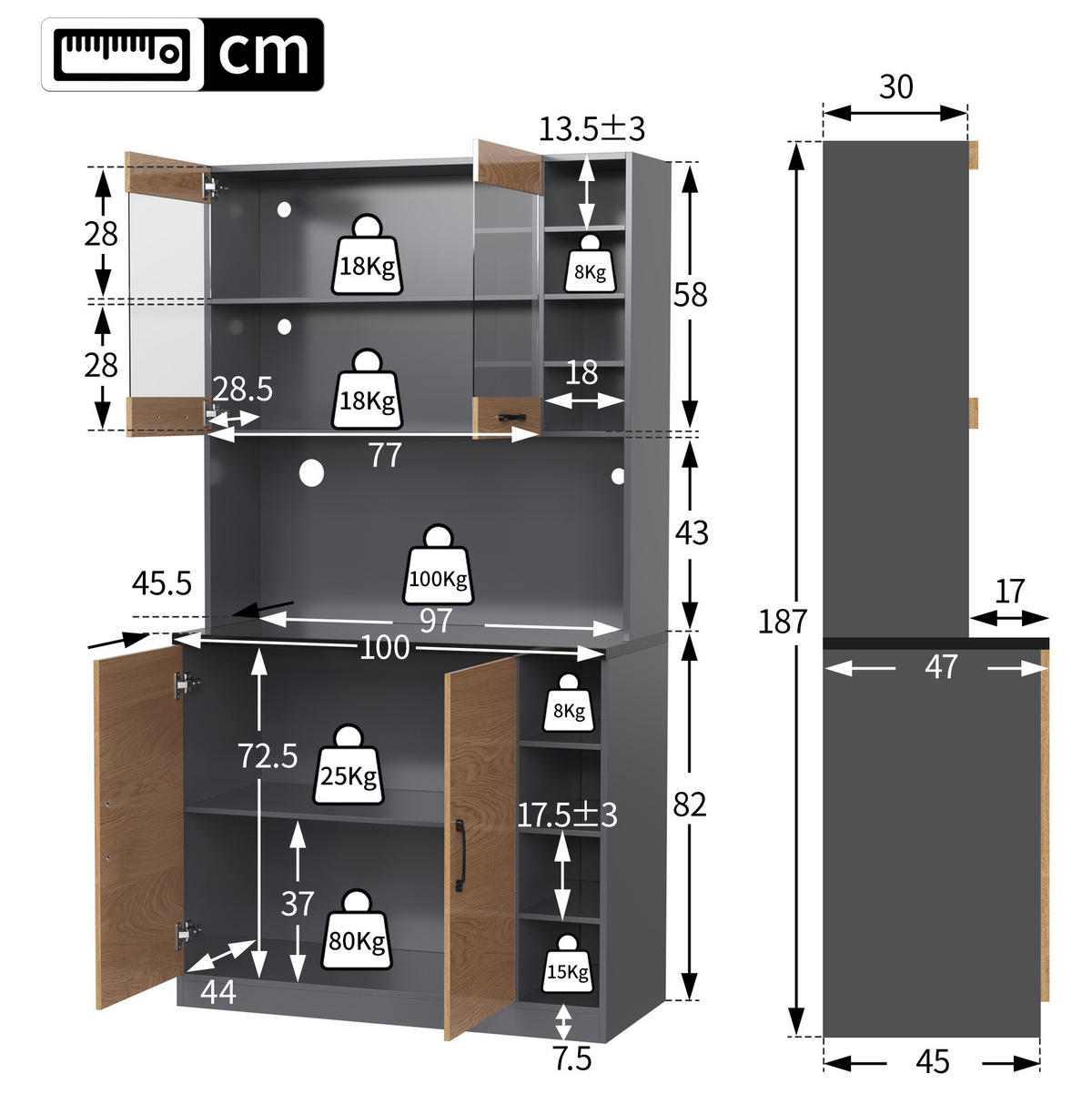 DONJI kuhinjski element, 100/47/187 cm, MDF i akril, prirodna/siva s LED rasvjetom - prirodne boje, drvni materijal (100/187/47cm) - BEAOK