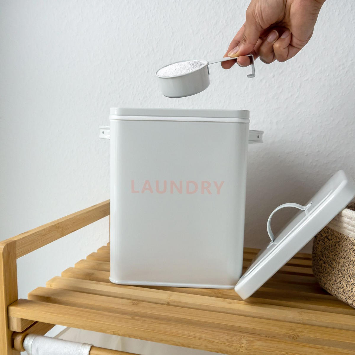 WASCHMITTEL AUFBEWAHRUNGSBOX mit Deckel und Dosierlöffel - Weiß, Metall (18/25/28cm) - Intirilife