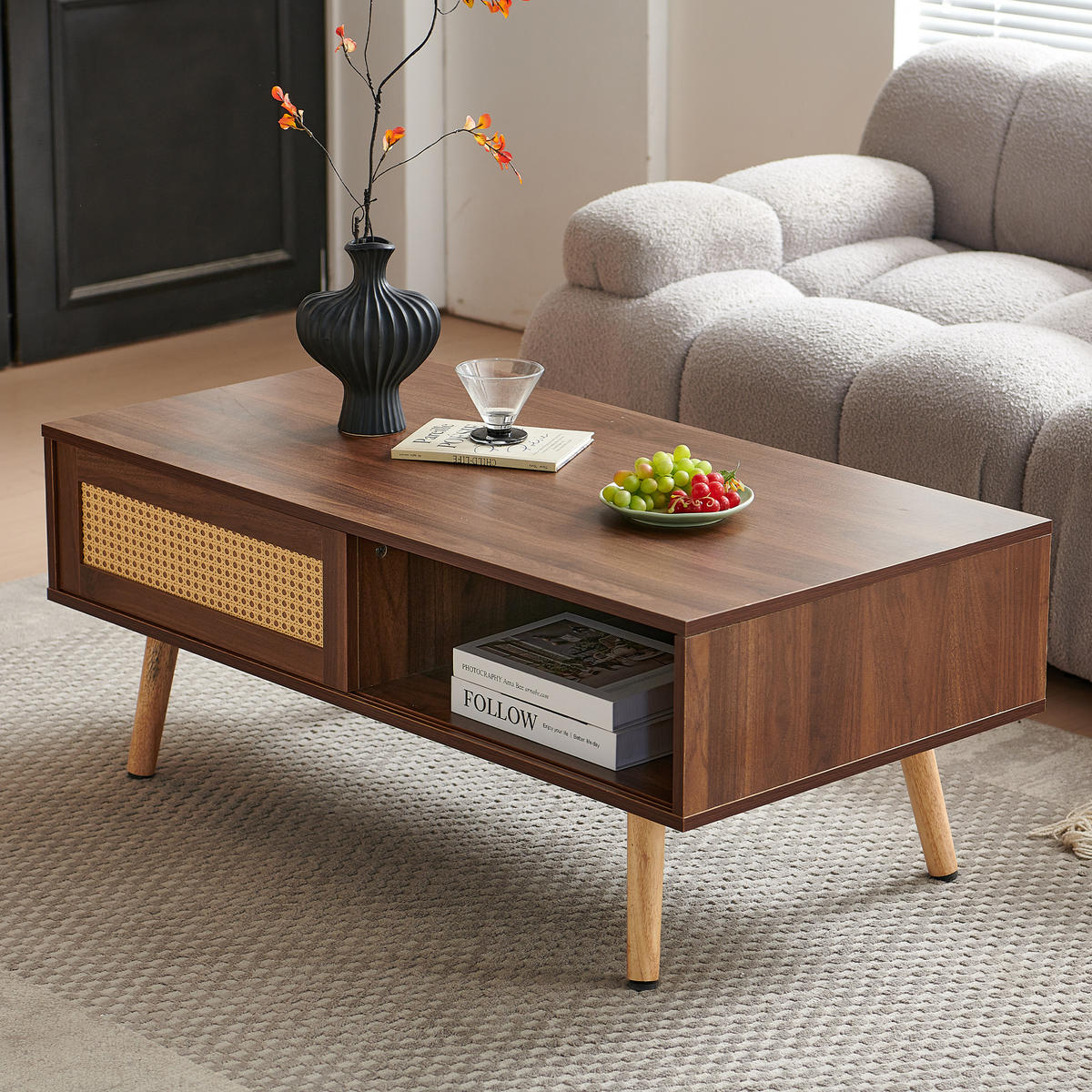 COUCHTISCH in Braun Korbgeflochtener Teetisch mit Schiebetüren für Wohnzimmer, B105/T55/H40cm - Naturfarben/Braun, Holzwerkstoff (55/105/40cm) - STILVORA
